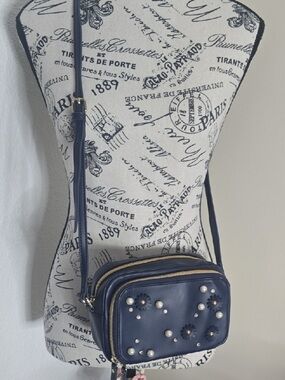 Navy Pearl & Flower Crossbody Bag